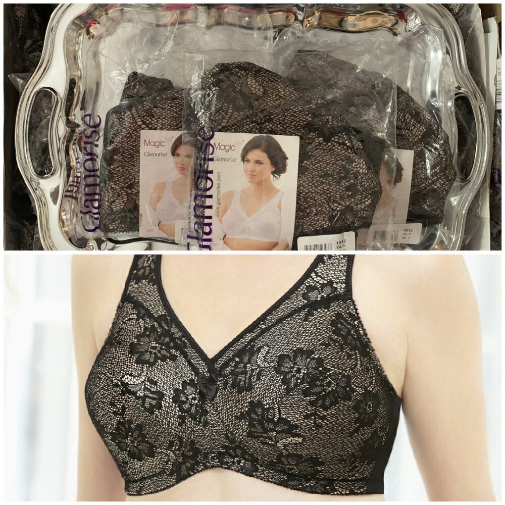 Glamorise 46C MAGIC LIFT Bra ~ All Over Lace Overlay ~ Smooths SUPPORT Black NEW